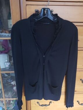 Elie Tahari Black Merino Cardigan with Lace Trim Xs